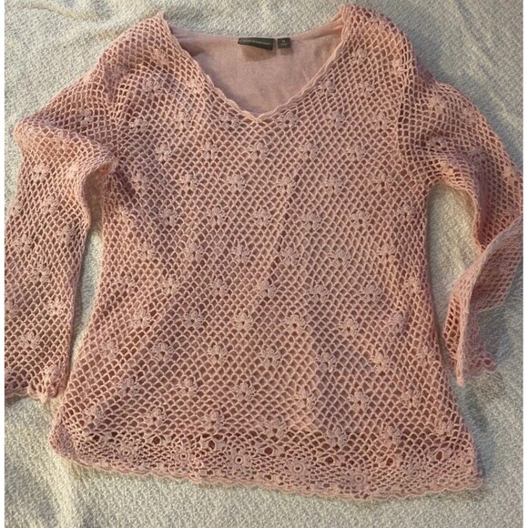 croft & barrow Sweaters - Vintage Aesthetic Pink Crochet Lace Long Sleeve Top Medium Romantic Shabby Chic